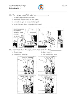 แบบทดสอบวิชาภาษาอังกฤษ หน้า 27
ชั้นมัธยมศึกษาปีที่ 3
___________________________________________________________________________
123. The main purpose of this table is to _______________.
1. survey how people wish to travel
2. encourage people in Asia to save petrol
3. persuade people to use public transport
4. report the facts about the way people travel
124. From the cartoon above, you can make a conclusion that______________.
1. Zero is stupid 2. Zero is joking
3. the pencil is not good 4. the sharpener is blunt
 