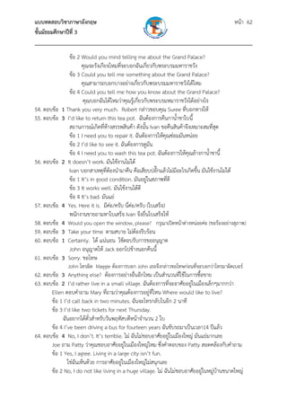 แบบทดสอบวิชาภาษาอังกฤษ หน้า 62
ชั้นมัธยมศึกษาปีที่ 3
___________________________________________________________________________
ข้อ 2 Would you mind telling me about the Grand Palace?
คุณจะรังเกียจไหมที่จะบอกฉันเกี่ยวกับพระบรมมหาราชวัง
ข้อ 3 Could you tell me something about the Grand Palace?
คุณสามารถบอกบางอย่างเกี่ยวกับพระบรมมหาราชวังได้ไหม
ข้อ 4 Could you tell me how you know about the Grand Palace?
คุณบอกฉันได้ไหมว่าคุณรู้เกี่ยวกับพระบรมหมาราชวังได้อย่างไร
54. ตอบข้อ 1 Thank you very much. Robert กล่าวขอบคุณ Suree ที่บอกทางให้
55. ตอบข้อ 3 I’d like to return this tea pot. ฉันต้องการคืนกาน้ําชาใบนี้
สถานการณ์เกิดที่ห้างสรรพสินค้า ดังนั้น Ivan ขอคืนสินค้าจึงเหมาะสมที่สุด
ข้อ 1 I need you to repair it. ฉันต้องการให้คุณซ่อมมันหน่อย
ข้อ 2 I’d like to see it. ฉันต้องการดูมัน
ข้อ 4 I need you to wash this tea pot. ฉันต้องการให้คุณล้างกาน้ําชานี้
56. ตอบข้อ 2 It doesn’t work. มันใช้งานไม่ได้
Ivan บอกสาเหตุที่ต้องนํามาคืน คือเสียบปลั๊กแล้วไม่มีอะไรเกิดขึ้น มันใช้งานไม่ได้
ข้อ 1 It’s in good condition. มันอยู่ในสภาพที่ดี
ข้อ 3 It works well. มันใช้งานได้ดี
ข้อ 4 It’s bad. มันแย่
57. ตอบข้อ 4 Yes. Here it is. มีค่ะ/ครับ นี่ค่ะ/ครับ (ใบเสร็จ)
พนักงานขายถามหาใบเสร็จ Ivan จึงยื่นใบเสร็จให้
58. ตอบข้อ 4 Would you open the window, please? กรุณาเปิดหน้าต่างหน่อยค่ะ (ขอร้องอย่างสุภาพ)
59. ตอบข้อ 3 Take your time ตามสบาย ไม่ต้องรีบร้อน
60. ตอบข้อ 1 Certainly. ได้ แน่นอน ใช้ตอบรับการขออนุญาต
John อนุญาตให้ Jack ออกไปข้างนอกคืนนี้
61. ตอบข้อ 3 Sorry. ขอโทษ
John โทรผิด Maggie ต้องการบอก John เธอจึงกล่าวขอโทษก่อนที่จะบอกว่าโทรมาผิดเบอร์
62. ตอบข้อ 3 Anything else? ต้องการอย่างอื่นอีกไหม เป็นสํานวนที่ใช้ในการซื้อขาย
63. ตอบข้อ 2 I’d rather live in a small village. ฉันต้องการที่จะอาศัยอยู่ในเมืองเล็กๆมากกว่า
Ellen ตอบคําถาม Mary ที่ถามว่าคุณต้องการอยู่ที่ไหน Where would like to live?
ข้อ 1 I’d call back in two minutes. ฉันจะโทรกลับในอีก 2 นาที
ข้อ 3 I’d like two tickets for next Thursday.
ฉันอยากได้ตั๋วสําหรับวันพฤหัสบดีหน้าจํานวน 2 ใบ
ข้อ 4 I’ve been driving a bus for fourteen years ฉันขับรถมาเป็นเวลา14 ปีแล้ว
64. ตอบข้อ 4 No, I don’t. It’s terrible. ไม่ ฉันไม่ชอบอาศัยอยู่ในเมืองใหญ่ มันแย่มากเลย
Joe ถาม Patty ว่าคุณชอบอาศัยอยู่ในเมืองใหญ่ไหม ซึ่งคําตอบของ Patty สอดคล้องกับคําถาม
ข้อ 1 Yes, I agree. Living in a large city isn’t fun.
ใช่ฉันเห็นด้วย การอาศัยอยู่ในเมืองใหญ่ไม่สนุกเลย
ข้อ 2 No, I do not like living in a huge village. ไม่ ฉันไม่ชอบอาศัยอยู่ในหมู่บ้านขนาดใหญ่
 