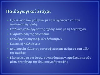 • Εξοικείωση των μαθητών με τη συγγραφική και την
αναγνωστική πράξη.
• Σταδιακή καλλιέργεια της σχέσης τους με τη λογοτεχνία
• Κινητοποίηση της φαντασίας
• Καλλιέργεια συγγραφικών δεξιοτήτων
• Γλωσσική Καλλιέργεια
• Δημιουργία κλίματος συντροφικότητας ανάμεσα στα μέλη
της ομάδας
• Εξωτερίκευση σκέψεων, συναισθημάτων, προβληματισμών
μέσω της τέχνης της δημιουργικής γραφής
 