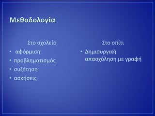 Στο σχολείο
• αφόρμιση
• προβληματισμός
• συζήτηση
• ασκήσεις
Στο σπίτι
• Δημιουργική
απασχόληση με γραφή
 