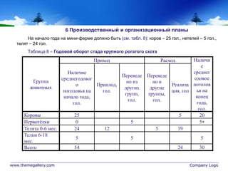 www.themegallery.com Company Logo
6 Производственный и организационный планы
На начало года на мини-ферме должно быть (см. табл. 8): коров – 25 гол., нетелей – 5 гол.,
телят – 24 гол.
Таблица 8 – Годовой оборот стада крупного рогатого скота
Группа
животных
Приход Расход Наличи
е
среднег
одовое
поголов
ья на
конец
года,
гол.
Наличие
среднегодовог
о
поголовья на
начало года,
гол.
Приплод,
гол.
Переведе
но из
других
групп,
гол.
Переведе
но в
другие
группы,
гол.
Реализа
ция, гол
Коровы 25 5 20
Первотёлки 0 5 5
Телята 0-6 мес. 24 12 5 19
Телки 6-18
мес.
5 5 5
Всего 54 24 30
 