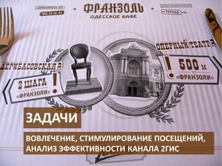 ЗАДАЧИ
ВОВЛЕЧЕНИЕ, СТИМУЛИРОВАНИЕ ПОСЕЩЕНИЙ,
АНАЛИЗ ЭФФЕКТИВНОСТИ КАНАЛА 2ГИС
 