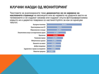 КЛУЧНИ НАОДИ ОД МОНИТОРИНГ
Текстовите за анализираните теми доминантно не се најавени на
насловната страница на весниците или во најавата на ударните вести на
телевизиите и не содржат никаква или содржат општа фотографија/снимка
којашто не е директно поврзана со настанот/луѓето за кои се однесува
текстот.
 