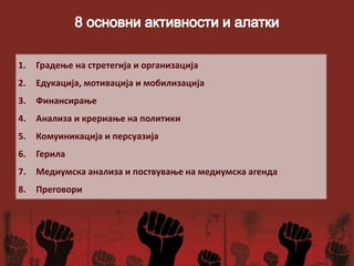 1. Градење на стретегија и организација
2. Едукација, мотивација и мобилизација
3. Финансирање
4. Анализа и крериање на политики
5. Комуиникација и персуазија
6. Герила
7. Медиумска анализа и поствување на медиумска агенда
8. Преговори
 