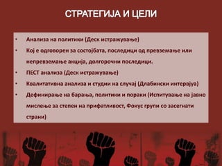 • Анализа на политики (Деск истражување)
• Кој е одговорен за состојбата, последици од превземање или
непревземање акција, долгорочни последици.
• ПЕСТ анализа (Деск истражување)
• Квалитативна анализа и студии на случај (Длабински интервјуа)
• Дефинирање на барања, политики и пораки (Испитување на јавно
мислење за степен на прифатливост, Фокус групи со засегнати
страни)
 