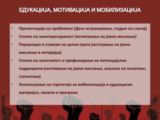 • Презентација на проблемот (Деск истражување, студии на случај)
• Степен на заинтересираност (испитување на јавно мислење)
• Перцепции и ставови на целна група (исптување на јавно
мислење и интервјуа)
• Степен на засегнатост и профилирање на потенцијални
подржувачи (исптивање на јавно мислење, анализа на политики,
статистика)
• Усогласување на стратегија за мобилизација и едукациски
материјал, канали и програма
 