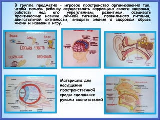 Материалы для
насыщения
пространственной
среды сделанные
руками воспитателей
В группе предметно – игровое пространство организованно так,
чтобы помочь ребенку осуществлять коррекцию своего здоровья,
работать над его укреплением, развитием, осваивать
практические навыки личной гигиены, правильного питания,
двигательной активности, внедрять знания о здоровом образе
жизни и навыки в игру.
 