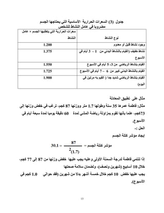 13
‫خذٚي‬(3)ُ‫اٌدغ‬ ‫٠سزبخٙب‬ ٟ‫اٌز‬ ‫ا٤عبع١خ‬ ‫اٌسشاس٠خ‬ ‫اٌغؼشاد‬
‫ٌٍشخض‬ ‫إٌشبؽ‬ ًِ‫ػب‬ ٟ‫ف‬ ‫ِؼشٚثب‬
‫إٌشبؽ‬ ‫ٔٛع‬
ُ‫اٌدغ‬ ‫٠زطٍجٙب‬ ٟ‫اٌز‬ ‫اٌسشاس٠خ‬ ‫عؼشاد‬×ًِ‫ػب‬
‫إٌشبؽ‬
َٚ‫ِؼذ‬ ٚ‫أ‬ ً١ٍ‫ل‬ ‫ٔشبؽ‬ ‫ٚخٛد‬1.200
‫خف١ف‬ ‫ٔشبؽ‬(ِٓ ٟٔ‫اٌجذ‬ ‫ثبٌٕشبؽ‬ َ‫اٌم١ب‬1–3ٟ‫ف‬ َ‫أ٠ب‬
‫ا٤عجٛع‬
1.375
ِٓ ٟ‫اٌش٠بػ‬ ‫ثٕشبؽ‬ َ‫اٌم١ب‬3-5‫ا٤عجٛع‬ ٟ‫ف‬ َ‫أ٠ب‬1.550
ِٓ ‫وج١ش‬ ٟٔ‫اٌجذ‬ ‫ثبٌٕشبؽ‬ َ‫اٌم١ب‬6–7‫ا٤عجٛع‬ ٟ‫ف‬ َ‫أ٠ب‬1.725
‫خذا‬ ‫شذ٠ذ‬ ٟ‫اٌش٠بػ‬ ‫ثٕشبؽ‬ َ‫اٌم١ب‬(ٟ‫ف‬ ٓ١‫ِشر‬ ٗ‫ث‬ ُ١‫اٌم‬
َٛ١ٌ‫ا‬)
1.900
‫اٌّؼبدٌخ‬ ‫رطج١ك‬ ٍٝ‫ػ‬ ‫ِثبي‬
‫ِثبي‬:‫ػّش٘ب‬ ‫فبؽّخ‬35‫ٚؽٌٛٙب‬ ‫عٕخ‬1.7‫ٚٚصٔٙب‬ ‫ِزش‬87ٌٝ‫إ‬ ‫ٚصٔٙب‬ ‫خفغ‬ ٟ‫ف‬ ‫رشغت‬ ،ُ‫ود‬
73‫ٌّذح‬ ٟ‫اٌّش‬ ‫س٠بػخ‬ ‫ثّضاٌٚخ‬ َٛ‫رم‬ ‫ثأٔٙب‬ ‫ػٍّب‬ ،ُ‫ود‬60ٟ‫ف‬ َ‫أ٠ب‬ ‫عجؼخ‬ ‫ٌّذح‬ ‫٠ِٛ١ب‬ ‫دل١مخ‬
‫ا٤عجٛع‬.
ً‫اٌس‬-:
ُ‫اٌدغ‬ ‫وزٍخ‬ ‫ِؤشش‬ ‫إ٠دبد‬
ِٓ ‫ٚصٔٙب‬ ‫خفغ‬ ‫ػٍ١ٙب‬ ‫٠دت‬ ٗ١ٍ‫ٚػ‬ ٌٝٚ٤‫ا‬ ‫اٌغّٕخ‬ ‫ٌذسخخ‬ ‫فبؽّخ‬ ّٟ‫رٕز‬ ‫إرا‬87ٌٝ‫إ‬77،ُ‫ود‬
‫خ٩ي‬10‫أعبث١غ‬(‫ٚٔظف‬ ٓ٠‫شٙش‬)‫طسزٙب‬ ‫ع٩ِخ‬ ْ‫ٌٚؼّب‬ ،
‫خفغ‬ ‫ػٍ١ٙب‬ ‫٠دت‬10ٓ٠‫شٙش‬ ِٓ ٨‫ثذ‬ ‫أشٙش‬ ‫خّغخ‬ ‫خ٩ي‬ ُ‫ود‬(ٌٟ‫زٛا‬ ‫فمذ‬1.0ٟ‫ف‬ ُ‫ود‬
‫ا٤عجٛع‬).
 