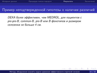 Исходные данные Процедура поиска подгрупп Результаты Заключение
Пример неподтвержденной гипотезы о наличии различий
DEXA более эффективен, чем MEDROL, для пациентов c
pre-pre-B, common-B, pre-B или B фенотипов и размером
селезенки не больше 4 см.
Методы обнаружения знаний в задаче сравнения эффективности стратегий лечения 14 / 19
 