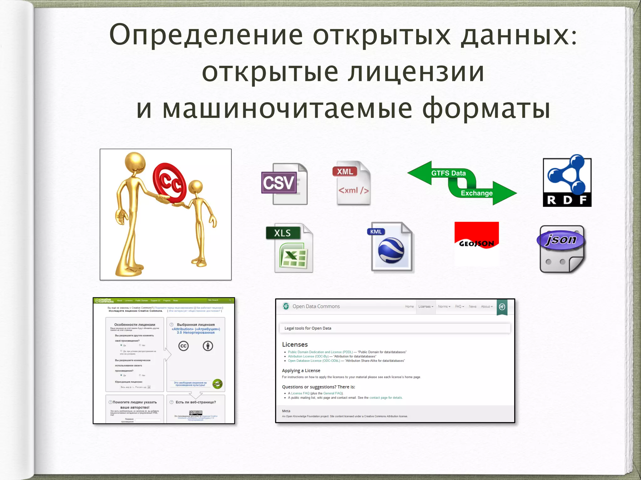 Определение открытых данных:
открытые лицензии
и машиночитаемые форматы
 
