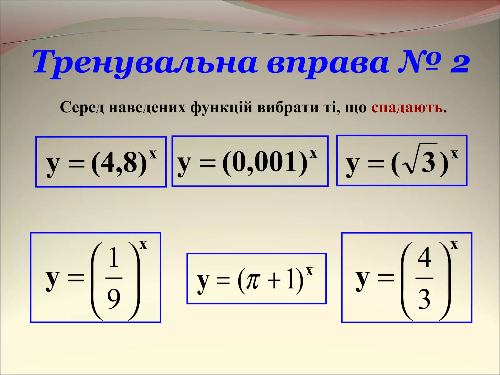 Тренувальна вправа № 2
Серед наведених функцій вибрати ті, що спадають.
x
(4,8)y =
x
y 





=
9
1 x
y )1( += π
x
)3(y =x
(0,001)y =
x
y 





=
3
4
 