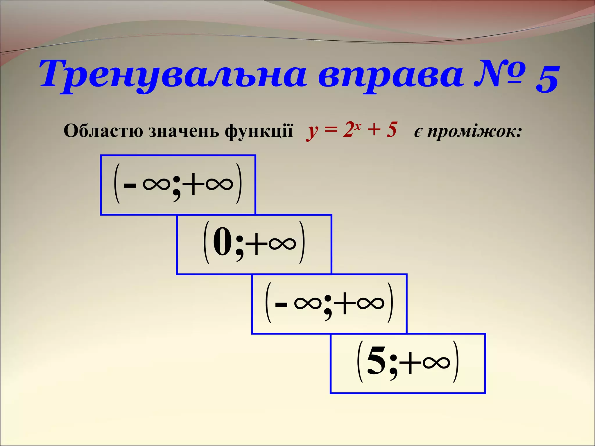 Тренувальна вправа № 5
Областю значень функції y = 2x
+ 5 є проміжок:
( )+∞∞;-
( )+∞0;
( )+∞5;
( )+∞∞;-
 