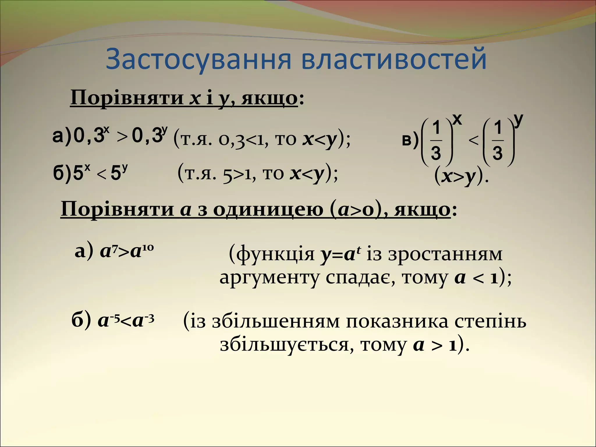 Застосування властивостей
(із збільшенням показника степінь
збільшується, тому a > 1).
y
3
1
x
3
1
в) 





<




yx
0,30,3a) >
yx
55б) <
Порівняти x і y, якщо:
(т.я. 0,3<1, то x<y);
(т.я. 5>1, то x<y); (x>y).
Порівняти a з одиницею (a>0), якщо:
а) a7
>a10
(функція y=at
із зростанням
аргументу спадає, тому a < 1);
б) a-5
<a-3
 
