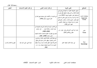 (‫صفحة‬25/28)
‫الع‬ ‫البحث‬ ‫مصطلحات‬‫إعداد‬ ‫لمي‬‫الدكتوراه‬ ‫طالب‬‫االجتماعية‬ ‫العلوم‬ : ‫قسم‬3241‫ـ‬‫ه‬
‫املصطلح‬‫بية‬‫ر‬‫بالع‬ ‫املعىن‬‫العلمي‬ ‫البحث‬ ‫جمال‬ ‫يف‬‫االجتماعية‬ ‫العلوم‬ ‫جمال‬ ‫يف‬‫التعليق‬
‫البحث‬ ‫مصطلحات‬
Important
Terms
‫على‬ ‫يتفق‬ ‫اليت‬ ‫العرفية‬ ‫أو‬ ،‫العلمية‬ ‫الضوابط‬ :‫مصلح‬
‫أمر‬ ‫على‬ ‫القوم‬ ‫اصطلح‬ ‫ويقال‬ ‫الناس‬ ‫من‬ ‫طائفة‬ ‫تقعدها‬
‫الوسيط‬ ‫املعجم‬ (.‫عليه‬ ‫تعارفوا‬ ‫أي‬3/344:‫حبث‬ )-
‫ا‬ ‫عن‬ ‫حبث‬‫وتأيت‬ ‫عنه‬ ‫وفتش‬ ‫الشيء‬ ‫عن‬ ‫سأل‬ ‫أي‬ ‫خلرب‬
‫مبعىن‬ ‫وتأيت‬ ،‫وتنقيب‬ ،‫واستفسار‬ ‫مضين‬ ،‫تفتيش‬ ‫مبعىن‬
‫تفتيش‬‫أو‬‫القاموس‬ (.‫املعرفة‬ ‫عن‬ ‫أو‬ ‫معرفية‬ ‫اسة‬‫ر‬‫د‬
:‫احمليط‬3:‫ص‬314.)
‫يف‬ ‫حمدد‬ ‫مبعىن‬ ‫تستخدم‬ ‫اليت‬ ‫الكلمات‬ ‫أو‬ ‫ات‬‫ر‬‫العبا‬ ‫هي‬
:‫عسكر‬ (‫الرتبوي‬ ‫اجملال‬3884)
‫معايري‬
Norm
‫ا‬ ‫الشيء‬ ‫هو‬ :‫معيار‬‫ابن‬ ( ‫مؤشر‬ :‫معيار‬ ‫يقاس‬ ‫لذي‬
:‫ج‬ ‫منظور‬32:‫ص‬433.)
‫مثل‬ ‫تقييمها‬ ‫جيب‬ ‫اليت‬ ‫البحث‬ ‫يف‬ ‫الرئيسية‬ ‫العناصر‬ ‫هي‬
:‫حجاب‬ ( ‫.....أخل‬ ‫البحث‬ ‫مشكلة‬ ،‫البحث‬ ‫عنوان‬
4114:‫م‬3198.)
‫البحوث‬ ‫صالحية‬ ‫لتحديد‬ ‫التقييمية‬ ‫املؤشرات‬ ‫هي‬ ‫معايري‬
:‫للنشر.(محدان‬3898:‫م‬431)
‫معرفة‬
Knowledge
‫ا‬ ‫اك‬‫ر‬‫إد‬ ‫هي‬.‫العلم‬ :‫املعرفة‬ ‫ألشياء‬
‫مصدرين‬ ‫من‬ ‫وتأتينا‬ ،‫اخلارجي‬ ‫بالعامل‬ ‫النفس‬ ‫معرفة‬ ‫هي‬
‫الواقع‬ ‫على‬ ‫مباشرة‬ ‫احلدس‬ ‫ويظهر‬ ،‫والتجريد‬ ‫احلدس‬
‫يعطينا‬ ‫ال‬ ‫بينما‬ ،ً‫ا‬‫شيئ‬ ‫منه‬ ‫النفاذ‬ ‫العقل‬ ‫يفوت‬ ‫فال‬ ‫املادي‬
،‫د.ت‬ ،‫مراد‬ (‫مشوهة‬ ‫مضطربة‬ ‫صورة‬ ‫إال‬ ‫منه‬ ‫التجريد‬
891.)
.‫عليه‬ ‫هو‬ ‫ما‬ ‫على‬ ‫الشيء‬ ‫اك‬‫ر‬‫إد‬‫ا‬.‫املناسب‬ ‫هو‬ ‫اللغة‬ ‫يف‬ ‫ملعىن‬
 
