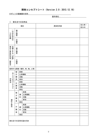 2
開発コンセプトシート（Version 2.0：2013.12.16）
ロボット介護機器の名称：
製作者名：
Ⅰ．実生活での活用法
項目 具体的内容
記入者・
記入日
一
日
の
生
活
の
中
で
の
目
標
被
介
護
者
介
護
者
目...