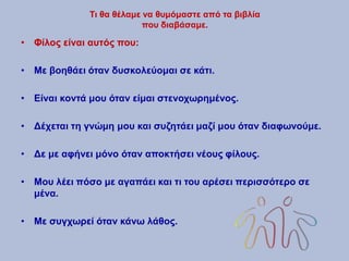 Τι θα θέλαμε να θυμόμαστε από τα βιβλία
που διαβάσαμε.
• Φίλος είναι αυτός που:
• Με βοηθάει όταν δυσκολεύομαι σε κάτι.
• Είναι κοντά μου όταν είμαι στενοχωρημένος.
• Δέχεται τη γνώμη μου και συζητάει μαζί μου όταν διαφωνούμε.
• Δε με αφήνει μόνο όταν αποκτήσει νέους φίλους.
• Μου λέει πόσο με αγαπάει και τι του αρέσει περισσότερο σε
μένα.
• Με συγχωρεί όταν κάνω λάθος.
 
