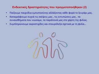 Ενδεικτικές δραστηριότητες που πραγματοποιήθηκαν (2)
• Παίζουμε παιχνίδια εμπιστοσύνης αλλάζοντας κάθε φορά το ζευγάρι μας.
• Καταγράφουμε συχνά τις σκέψεις μας , τις εντυπώσεις μας , τα
συναισθήματα που νιώσαμε, τα παράπονά μας στο χάρτη της φιλίας.
• Συμπληρώνουμε ακροστιχίδες και σταυρόλεξα σχετικά με τη φιλία…
 