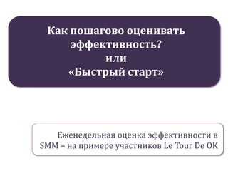 Как пошагово оценивать
эффективность?
или
«Быстрый старт»
Еженедельная оценка эффективности в
SMM – на примере участников Le Tour De OK
 