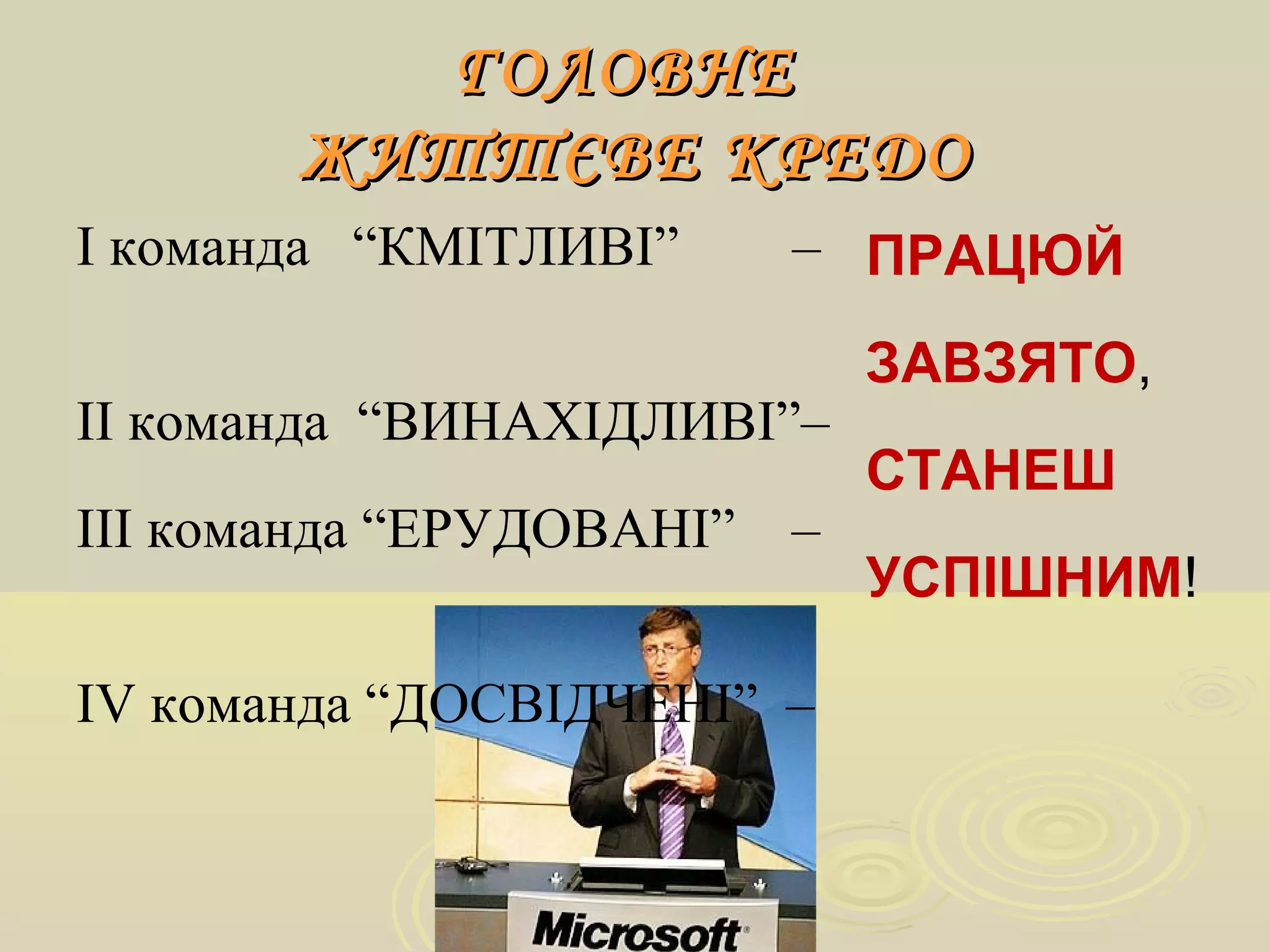 ГОЛОВНЕГОЛОВНЕ
ЖИТТЄВЕ КРЕДОЖИТТЄВЕ КРЕДО
І команда “КМІТЛИВІ” –
ІІ команда “ВИНАХІДЛИВІ”–
ІІІ команда “ЕРУДОВАНІ” –
ІV команда “ДОСВІДЧЕНІ” –
ПРАЦЮЙ
ЗАВЗЯТО,
СТАНЕШ
УСПІШНИМ!
 