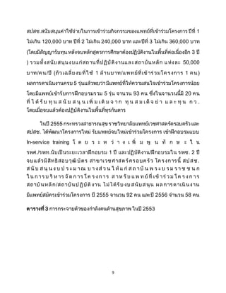 9
สปสช.สนับสนุนค่าใช้จ่ายในการเข้าร่วมกิจกรรมของแพทย์ที่เข้าร่วมโครงการ ปีที่ 1
ไม่เกิน 120,000 บาท ปีที่ 2 ไม่เกิน 240,000 บาท และปีที่ 3 ไม่เกิน 360,000 บาท
(โดยมีสัญญารับทุน หลังจบหลักสูตรการศึกษาต้องปฏิบัติงานในพื้นที่ต่อเนื่องอีก 3 ปี
) รวมทั้งสนับสนุนงบแก่สถานที่ปฏิบัติงานและสถาบันหลัก แห่งละ 50,000
บาท/คน/ปี (ถัวเฉลี่ยงบที่ใช้ 1 ล้านบาท/แพทย์ที่เข้ าร่วมโครงการ 1 คน)
ผลการดาเนินงานครบ 5 รุ่นแล้วพบว่ามีแพทย์ที่ให้ความสนใจเข้าร่วมโครงการน้อย
โดยมีแพทย์เข้ารับการฝึกอบรมรวม 5 รุ่น จานวน 93 คน ซึ่งในจานวนนี้มี 20 คน
ที่ ไ ด้ รั บ ทุ น ส นั บ ส นุ น เ พิ่ ม เ ติ ม จ า ก ทุ น ส ม เ ด็ จ ย่ า แ ล ะ ทุ น ก ว .
โดยเมื่อจบแล้วต้องปฏิบัติงานในพื้นที่ทุรกันดาร
ในปี 2555 กระทรวงสาธารณสุขราชวิทยาลัยแพทย์เวชศาสตร์ครอบครัว และ
สปสช. ได้พัฒนาโครงการใหม่ รับแพทย์จบใหม่เข้าร่วมโครงการ เข้าฝึกอบรมแบบ
In-service training โ ด ย ร ะ ห ว่ า ง เ พิ่ ม พู น ทั ก ษ ะ ใ น
รพศ./รพท.นับเป็นระยะเวลาฝึกอบรม 1 ปี และปฏิบัติงาน/ฝึกอบรมใน รพช. 2 ปี
จบแล้วมีสิทธิสอบวุฒิ บัตร สาขาเวชศาสตร์ครอบครัว โครงการนี้ สปสช.
ส นั บ ส นุ น ง บ ป ร ะ ม าณ บ า ง ส่ ว น ใ ห้ แ ก่ ส ถ าบั น พ ร ะ บ ร ม ร า ช ช น ก
ใ น การ บ ริ ห าร จั ด ก าร โ ค ร ง การ ส าห รั บ แ พ ท ย์ ที่ เข้ าร่ ว ม โ ค ร ง ก าร
สถาบั นหลั ก/สถาบันป ฏิบัติ งาน ไม่ได้รับ งบ สนับส นุน ผล การดาเนิ นงาน
มีแพทย์สมัครเข้าร่วมโครงการ ปี 2555 จานวน 92 คน และปี 2556 จานวน 58 คน
ตารางที่ 3 การกระจายตัวของกาลังคนด้านสุขภาพ ในปี 2553
 