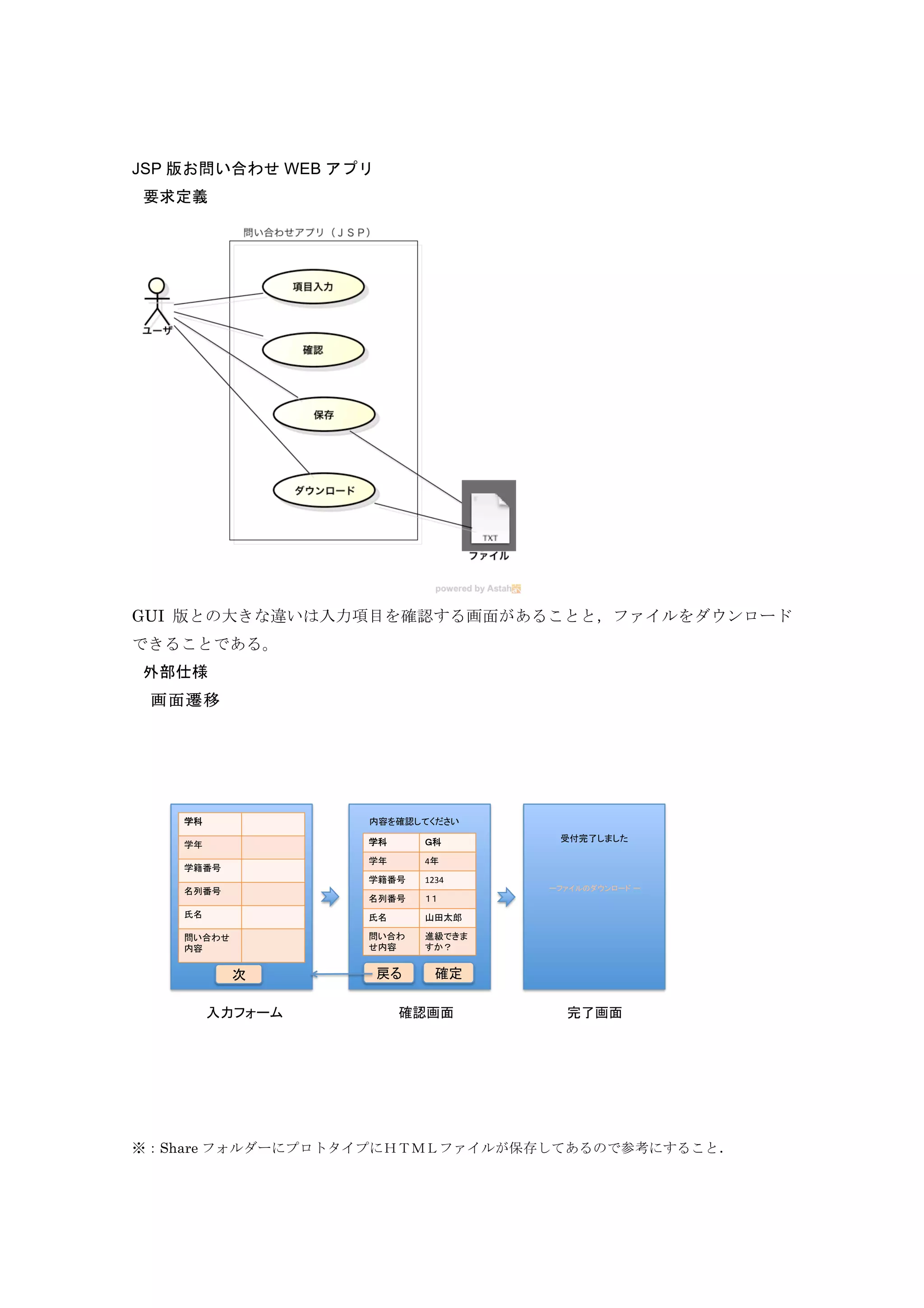JSP 版お問い合わせ WEB アプリ
要求定義
GUI 版との大きな違いは入力項目を確認する画面があることと，ファイルをダウンロード
できることである。
外部仕様
	
  画面遷移
※：Share フォルダーにプロトタイプにＨＴＭＬファイルが保存してあるので参考にすること．
4
1234
 