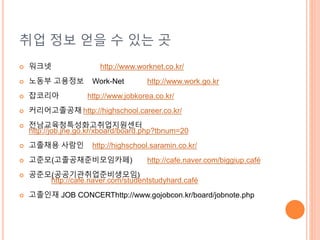 취업 정보 얻을 수 있는 곳
 워크넷 http://www.worknet.co.kr/
 노동부 고용정보 Work-Net http://www.work.go.kr
 잡코리아 http://www.jobkorea.co.kr/
 커리어고졸공채 http://highschool.career.co.kr/
 전남교육청특성화고취업지원센터
http://job.jne.go.kr/xboard/board.php?tbnum=20
 고졸채용 사람인 http://highschool.saramin.co.kr/
 고준모(고졸공채준비모임카페) http://cafe.naver.com/biggiup.café
 공준모(공공기관취업준비생모임)
http://cafe.naver.com/studentstudyhard.café
 고졸인재 JOB CONCERThttp://www.gojobcon.kr/board/jobnote.php
 