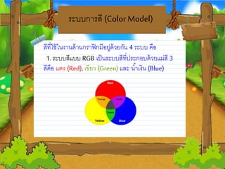 ระบบการสี (Color Model)
สีที่ใช้ในงานด้านกราฟิกมีอยวู่ด้วยวกน 4 ระบบ คือ
1. ระบบสีแบบ RGB เป็นระบบสีที่ประกอบด้วยวแม่สี 3
สีคือ แดง (Red), เขียวว (Green) และ น้าเงิน (Blue)
 