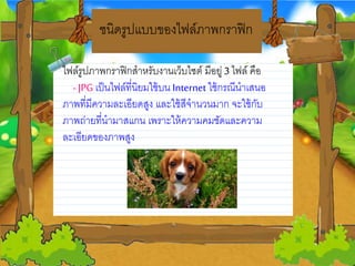 ชนิดรูปแบบของไฟล์ภาพกราฟิก
ไฟล์รูปภาพกราฟิกสาหรบงานเว็บไซต์ มีอยวู่ 3 ไฟล์ คือ
-JPG เป็นไฟล์ที่นิยวมใช้บน Internet ใช้กรณีนาเสนอ
ภาพที่มีความละเอียวดสูง และใช้สีจานวนมาก จะใช้กบ
ภาพถ่ายวที่นามาสแกน เพราะให้ความคมชดและความ
ละเอียวดของภาพสูง
 