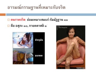 อารมณ์กรรมฐานที่เหมาะกับจริต
 คนราคจริต ย่อมเหมาะสมแก่ กัมมัฏฐาน ๑๑
 คือ อสุภะ ๑๐, กายคตาสติ ๑
 