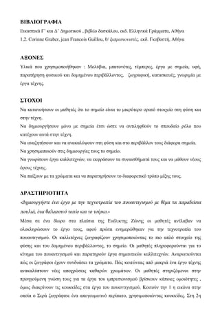 ΒΙΒΛΙΟΓΡΑΦΙΑ
Εικαστικά Γ’ και Δ’ Δημοτικού , βιβλίο δασκάλου, εκδ. Ελληνικά Γράμματα, Αθήνα
1,2. Corinne Graber, jean Francois Guillou, 0/ Ιμπρεσιονιστές, εκδ. Γκοβοστή, Αθήνα
ΑΞΟΝΕΣ
Υλικά που χρησιμοποιήθηκαν : Μολύβια, μπατονέτες, τέμπερες, έργα με σημεία, υφή,
παρατήρηση φυσικού και δομημένου περιβάλλοντος, ζωγραφική, κατασκευές, γνωριμία με
έργα τέχνης.
ΣΤΟΧΟΙ
Να κατανοήσουν οι μαθητές ότι το σημείο είναι το μικρότερο ορατό στοιχείο στη φύση και
στην τέχνη.
Να δημιουργήσουν μόνο με σημεία έτσι ώστε να αντιληφθούν το σπουδαίο ρόλο που
κατέχουν αυτά στην τέχνη.
Να αναζητήσουν και να ανακαλύψουν στη φύση και στο περιβάλλον τους διάφορα σημεία.
Να χρησιμοποιούν στις δημιουργίες τους το σημείο.
Να γνωρίσουν έργα καλλιτεχνών, να εκφράσουν τα συναισθήματά τους και να μάθουν νέους
όρους τέχνης.
Να παίξουν με τα χρώματα και να παρατηρήσουν το διαφορετικό τρόπο μίξης τους.
ΔΡΑΣΤΗΡΙΟΤΗΤΑ
«Δημιουργήστε ένα έργο με την τεχνοτροπία του πουαντιγισμού με θέμα τα παραδείσια
πουλιά, ένα θαλασσινό τοπίο και το τσίρκο.»
Μέσα σε ένα δίωρο στα πλαίσια της Ευέλικτης Ζώνης οι μαθητές ανέλαβαν να
ολοκληρώσουν το έργο τους, αφού πρώτα ενημερώθηκαν για την τεχνοτροπία του
πουαντιγισμού. Οι καλλιτέχνες ζωγραφίζουν χρησιμοποιώντας το πιο απλό στοιχείο της
φύσης και του δομημένου περιβάλλοντος, το σημείο. Οι μαθητές πληροφορούνται για το
κίνημα του πουαντιγισμού και παρατηρούν έργα σημαντικών καλλιτεχνών. Αναρωτιούνται
πώς οι ζωγράφοι έχουν συνδυάσει τα χρώματα. Πώς κοιτώντας από μακριά ένα έργο τέχνης
ανακαλύπτουν νέες αποχρώσεις καθαρών χρωμάτων. Οι μαθητές στηριζόμενοι στην
προηγούμενη γνώση τους για τα έργα του ιμπρεσιονισμού βρίσκουν κάποιες ομοιότητες ,
όμως διακρίνουν τις κουκκίδες στα έργα του πουαντιγισμού. Κοιτούν την 1 η εικόνα στην
οποία ο Σερά ζωγράφισε ένα απογευματινό περίπατο, χρησιμοποιώντας κουκκίδες. Στη 2η
 