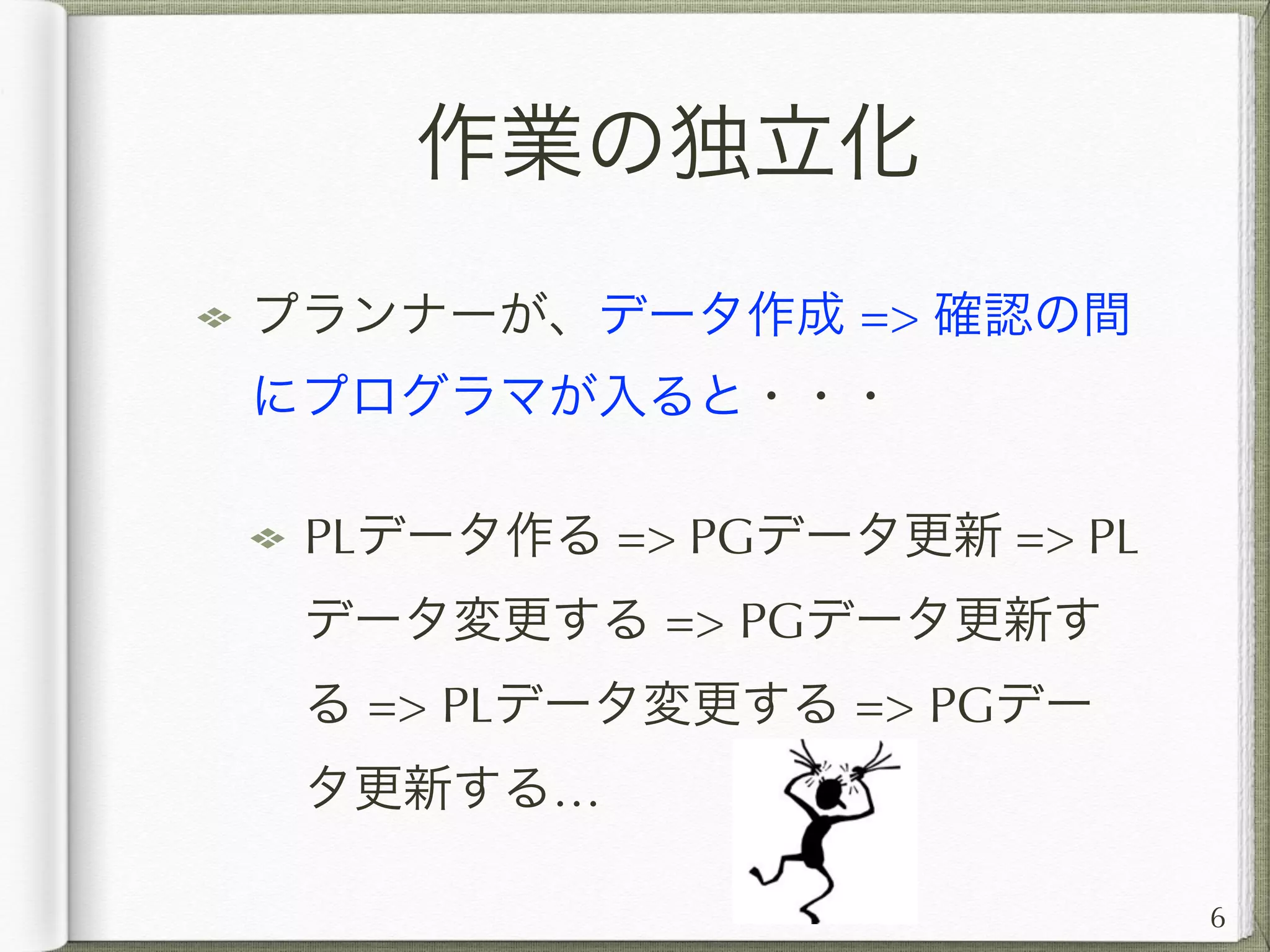 作業の独立化
プログラマ・プランナー・デザイナーは、各々独立
して作業が完結する仕組みを作ること。
プランナーのデータ作成 => 動作確認
デザイナーのデザインデータ作成 => 実機での表示
確認
バッチファイルやJenkinsのジョブなど、非技術者で
も実行できる仕組みを作る
6
 