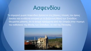 —Το σημερινό χωριό Ασφενδιού βρίσκεται στις βόρειες πλαγιές του όρους
Δικαίου και συνδέεται ιστορικά με τη βυζαντινή Μονή των Σπονδών.
Θεωρείται μάλιστα, ότι το όνομα προέρχεται από την ύπαρξη στην περιοχή
του καθολικού της Μονής των Σπονδών, το ναό της Παναγίας.
Ασφενδίου
 