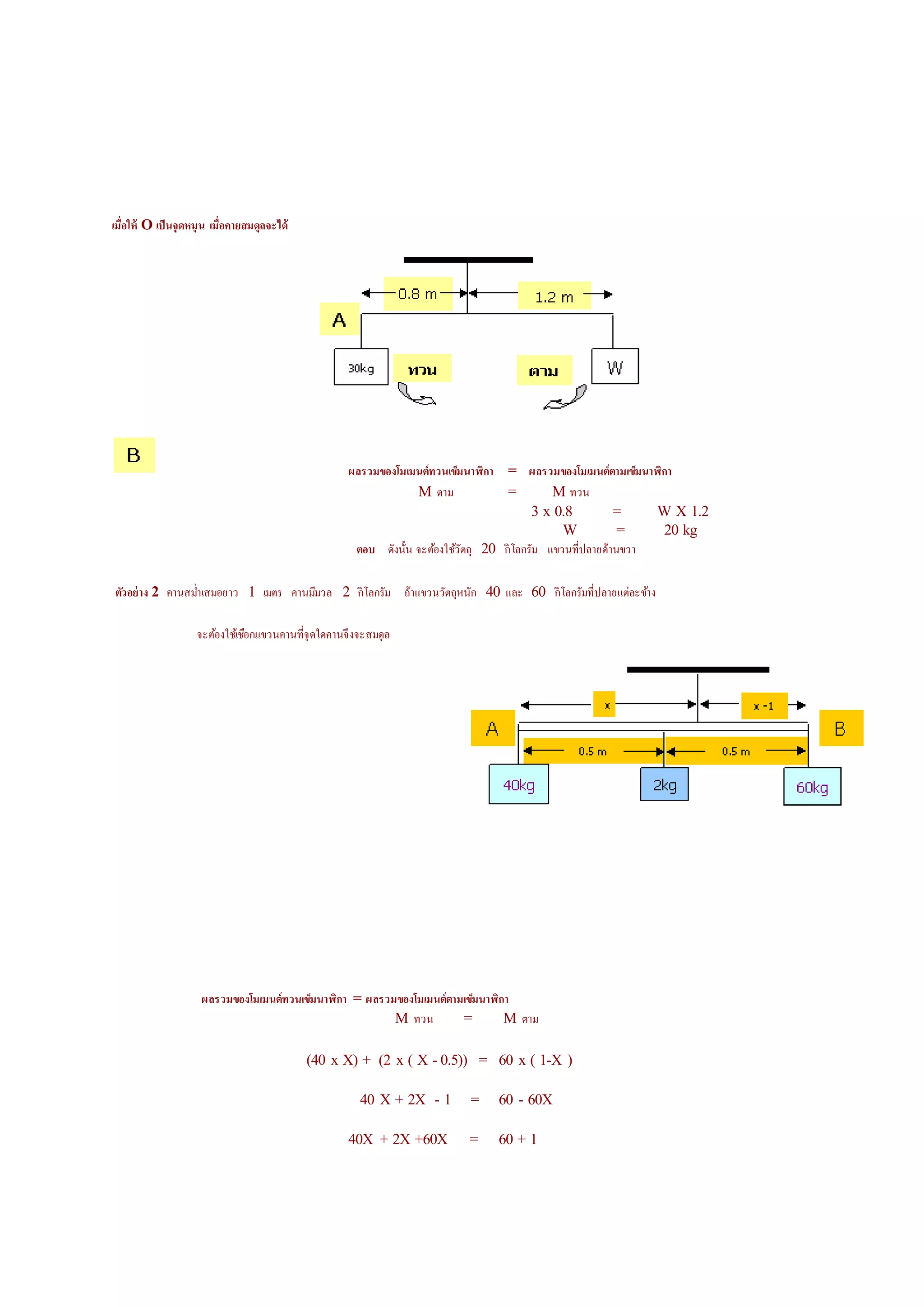 เมื่อให้ O เป็นจุดหมุน เมื่อคายสมดุลจะได้
ผลรวมของโมเมนต์ทวนเข็มนาฬิกา = ผลรวมของโมเมนต์ตามเข็มนาฬิกา
M ตาม = M ทวน
3 x 0.8 = W X 1.2
W = 20 kg
ตอบ ้ังนั้น จะต้องใช้วัตถุ 20 กิโลกรัม แขวนที่ปลาย้้านขวา
ตัวอย่าง 2 คานสม่าเสมอยาว 1 เมตร คานมีมวล 2 กิโลกรัม ถ้าแขวนวัตถุหนัก 40 และ 60 กิโลกรัมที่ปลายแต่ละข้าง
จะต้องใช้เชือกแขวนคานที่จุ้ใ้คานจึงจะสมุ้ล
ผลรวมของโมเมนต์ทวนเข็มนาฬิกา = ผลรวมของโมเมนต์ตามเข็มนาฬิกา
M ทวน = M ตาม
(40 x X) + (2 x ( X - 0.5)) = 60 x ( 1-X )
40 X + 2X - 1 = 60 - 60X
40X + 2X +60X = 60 + 1
 