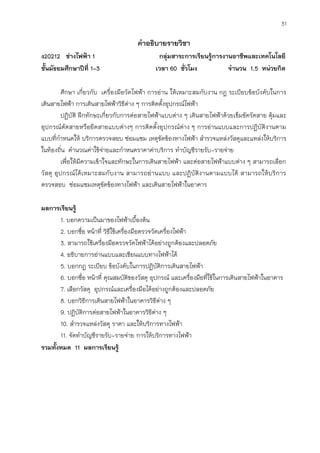 31
คาอธิบายรายวิชา
ง20212 ช่างไฟฟ้า 1 กลุ่มสาระการเรียนรู้การงานอาชีพและเทคโนโลยี
ชั้นมัธยมศึกษาปีที่ 1-3 เวลา 60 ชั่วโมง จานวน 1.5 หน่วยกิต
ศึกษา เกี่ยวกับ เครื่องมือวัดไฟฟ้า การอ่าน ให้เหมาะสมกับงาน กฎ ระเบียบข้อบังคับในการ
เดินสายไฟฟ้า การเดินสายไฟฟ้าวิธีต่าง ๆ การติดตั้งอุปกรณ์ไฟฟ้า
ปฏิบัติ ฝึกทักษะเกี่ยวกับการต่อสายไฟฟ้าแบบต่าง ๆ เดินสายไฟฟ้าด้วยเข็มขัดรัดสาย ตุ้มและ
อุปกรณ์ตัดสายหรือยึดสายแบบต่างๆ การติดตั้งอุปกรณ์ต่าง ๆ การอ่านแบบและการปฏิบัติงานตาม
แบบที่กาหนดให้ บริการตรวจสอบ ซ่อมแซม เหตุขัดข้องทางไฟฟ้า สารวจแหล่งวัสดุและแหล่งให้บริการ
ในท้องถิ่น คานวณค่าใช้จ่ายและกาหนดราคาค่าบริการ ทาบัญชีรายรับ-รายจ่าย
เพื่อให้มีความเข้าใจและทักษะในการเดินสายไฟฟ้า และต่อสายไฟฟ้าแบบต่าง ๆ สามารถเลือก
วัสดุ อุปกรณ์ได้เหมาะสมกับงาน สามารถอ่านแบบ และปฏิบัติงานตามแบบได้ สามารถให้บริการ
ตรวจสอบ ซ่อมแซมเหตุขัดข้องทางไฟฟ้า และเดินสายไฟฟ้าในอาคาร
ผลการเรียนรู้
1. บอกความเป็นมาของไฟฟ้าเบื้องต้น
2. บอกชื่อ หน้าที่ วิธีใช้เครื่องมือตรวจวัดเครื่องไฟฟ้า
3. สามารถใช้เครื่องมือตรวจวัดไฟฟ้าได้อย่างถูกต้องและปลอดภัย
4. อธิบายการอ่านแบบและเขียนแบบทางไฟฟ้าได้
5. บอกกฎ ระเบียบ ข้อบังคับในการปฏิบัติการเดินสายไฟฟ้า
6. บอกชื่อ หน้าที่ คุณสมบัติของวัสดุ อุปกรณ์ และเครื่องมือที่ใช้ในการเดินสายไฟฟ้าในอาคาร
7. เลือกวัสดุ อุปกรณ์และเครื่องมือได้อย่างถูกต้องและปลอดภัย
8. บอกวิธีการเดินสายไฟฟ้าในอาคารวิธีต่าง ๆ
9. ปฏิบัติการต่อสายไฟฟ้าในอาคารวิธีต่าง ๆ
10. สารวจแหล่งวัสดุ ราคา และให้บริการทางไฟฟ้า
11. จัดทาบัญชีรายรับ-รายจ่าย การให้บริการทางไฟฟ้า
รวมทั้งหมด 11 ผลการเรียนรู้
 