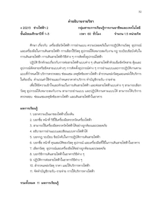 32
คาอธิบายรายวิชา
ง 20213 ช่างไฟฟ้า 2 กลุ่มสาระการเรียนรู้การงานอาชีพและเทคโนโลยี
ชั้นมัธยมศึกษาปีที่ 1-3 เวลา 60 ชั่วโมง จานวน 1.5 หน่วยกิต
ศึกษา เกี่ยวกับ เครื่องมือวัดไฟฟ้า การอ่านแบบ ความปลอดภัยในการปฏิบัติงานวัสดุ อุปกรณ์
และเครื่องมือในการเดินสายไฟฟ้า การเลือกใช้วัสดุ อุปกรณ์ให้เหมาะสมกับงาน กฎ ระเบียบข้อบังคับใน
การเดินสายไฟฟ้า การเดินสายไฟฟ้าวิธีต่าง ๆ การติดตั้งอุปกรณ์ไฟฟ้า
ปฏิบัติ ฝึกทักษะเกี่ยวกับการต่อสายไฟฟ้าแบบต่าง ๆ เดินสายไฟฟ้าด้วยเข็มขัดรัดสาย ตุ้มและ
อุปกรณ์ตัดสายหรือยึดสายแบบต่างๆ การติดตั้งอุปกรณ์ต่าง ๆ การอ่านแบบและการปฏิบัติงานตาม
แบบที่กาหนดให้ บริการตรวจสอบ ซ่อมแซม เหตุขัดข้องทางไฟฟ้า สารวจแหล่งวัสดุและแหล่งให้บริการ
ในท้องถิ่น คานวณค่าใช้จ่ายและกาหนดราคาค่าบริการ ทาบัญชีรายรับ-รายจ่าย
เพื่อให้มีความเข้าใจและทักษะในการเดินสายไฟฟ้า และต่อสายไฟฟ้าแบบต่าง ๆ สามารถเลือก
วัสดุ อุปกรณ์ได้เหมาะสมกับงาน สามารถอ่านแบบ และปฏิบัติงานตามแบบได้ สามารถให้บริการ
ตรวจสอบ ซ่อมแซมเหตุขัดข้องทางไฟฟ้า และเดินสายไฟฟ้าในอาคาร
ผลการเรียนรู้
1. บอกความเป็นมาของไฟฟ้าเบื้องต้น
2. บอกชื่อ หน้าที่ วิธีใช้เครื่องมือตรวจวัดเครื่องไฟฟ้า
3. สามารถใช้เครื่องมือตรวจวัดไฟฟ้าได้อย่างถูกต้องและปลอดภัย
4. อธิบายการอ่านแบบและเขียนแบบทางไฟฟ้าได้
5. บอกกฎ ระเบียบ ข้อบังคับในการปฏิบัติการเดินสายไฟฟ้า
6. บอกชื่อ หน้าที่ คุณสมบัติของวัสดุ อุปกรณ์ และเครื่องมือที่ใช้ในการเดินสายไฟฟ้าในอาคาร
7. เลือกวัสดุ อุปกรณ์และเครื่องมือได้อย่างถูกต้องและปลอดภัย
8. บอกวิธีการเดินสายไฟฟ้าในอาคารวิธีต่าง ๆ
9. ปฏิบัติการต่อสายไฟฟ้าในอาคารวิธีต่าง ๆ
10. สารวจแหล่งวัสดุ ราคา และให้บริการทางไฟฟ้า
11. จัดทาบัญชีรายรับ-รายจ่าย การให้บริการทางไฟฟ้า
รวมทั้งหมด 11 ผลการเรียนรู้
 