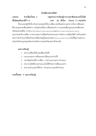 34
คาอธิบายรายวิชา
ง20222 ช่างเชื่อมโลหะ 2 กลุ่มสาระการเรียนรู้การงานอาชีพและเทคโนโลยี
ชั้นมัธยมศึกษาปีที่ 1-3 เวลา 60 ชั่วโมง จานวน 1.5 หน่วยกิต
ศึกษาและปฏิบัติเกี่ยวกับความปลอดภัยในงานเชื่อม สมบัติและความสามารถในการเชื่อมของ
ชิ้นงานและลวดเชื่อมชนิดต่าง ๆ สัญลักษณ์ในการเชื่อมส่วนต่าง ๆ ของรอยเชื่อมมุมและรอยเชื่อมร่อง
ชนิดของลวดเชื่อม การอ่าน WPS (Welding Procedure Specilication)และPQR (Procedure Qualificaification Record)
จุดบกพร่องในงานเชื่อม การตรวจสอบงานเชื่อมด้วยสายตาและการดัดงอ งานเชื่อมไฟฟ้า เหล็กแผ่นต่อ
ชนบากร่องวี ทุกท่าเชื่อมด้วยลวดเชื่อมเซลลูโลสและเบสิก(Cellulose and Basic Electrode)โดยใช้อุปกรณ์ความ
ปลอดภัยส่วนบุคคลถูกต้องตามหลักความปลอดภัยและอาชีวอนามัย
ผลการเรียนรู้
1. สามารถเชื่อมไฟฟ้าและเชื่อมแก๊สได้
2. บอกแบบของการเชื่อมและท่าเชื่อมแบบต่างๆได้
3. บอกสัญลักษณ์ในการเชื่อม การอ่านแบบและการถ่ายแบบ
4. สามารถผลิตชิ้นงานตามแบบโดยใช้ทักษะการเชื่อมแบบต่าง
5. สามารถคานวณค่าใช้จ่าย กาหนดราคาและจัดจาหน่าย
รวมทั้งหมด 5 ผลการเรียนรู้
 