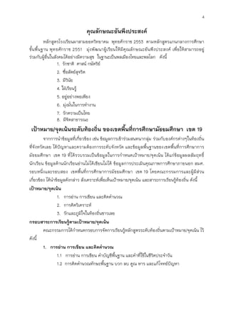 4
คุณลักษณะอันพึงประสงค์
หลักสูตรโรงเรียนผาสามยอดวิทยาคม พุทธศักราช 2553 ตามหลักสูตรแกนกลางการศึกษา
ขั้นพื้นฐาน พุทธศักราช 2551 มุ่งพัฒนาผู้เรียนให้มีคุณลักษณะอันพึงประสงค์ เพื่อให้สามารถอยู่
ร่วมกับผู้อื่นในสังคมได้อย่างมีความสุข ในฐานะเป็นพลเมืองไทยและพลโลก ดังนี้
1. รักชาติ ศาสน์ กษัตริย์
2. ซื่อสัตย์สุจริต
3. มีวินัย
4. ใฝ่เรียนรู้
5. อยู่อย่างพอเพียง
6. มุ่งมั่นในการทางาน
7. รักความเป็นไทย
8. มีจิตสาธารณะ
เป้าหมาย/จุดเน้นระดับท้องถิ่น ของเขตพื้นที่การศึกษามัธยมศึกษา เขต 19
จากการนาข้อมูลที่เกี่ยวข้อง เช่น ข้อมูลการเข้าร่วมสนทนากลุ่ม ร่วมกับองค์กรต่างๆในท้องถิ่น
ที่จังหวัดเลย ได้ปัญหาและความต้องการระดับจังหวัด และข้อมูลพื้นฐานของเขตพื้นที่การศึกษาการ
มัธยมศึกษา เขต 19 ที่ได้รวบรวมเป็นข้อมูลในการกาหนดเป้าหมาย/จุดเน้น ได้แก่ข้อมูลผลสัมฤทธิ์
นักเรียน ข้อมูลด้านนักเรียนอ่านไม่ได้เขียนไม่ได้ ข้อมูลการประเมินคุณภาพการศึกษาภายนอก สมศ.
รอบหนึ่งและรอบสอง เขตพื้นที่การศึกษาการมัธยมศึกษา เขต 19 โดยคณะกรรมการและผู้มีส่วน
เกี่ยวข้อง ได้นาข้อมูลดังกล่าว สังเคราะห์เพื่อเห็นเป้าหมาย/จุดเน้น และสาระการเรียนรู้ท้องถิ่น ดังนี้
เป้าหมาย/จุดเน้น
1. การอ่าน การเขียน และคิดคานวณ
2. การคิดวิเคราะห์
3. รักและภูมิใจในท้องถิ่นชาวเลย
กรอบสาระการเรียนรู้ตามเป้าหมาย/จุดเน้น
คณะกรรมการได้กาหนดกรอบการจัดการเรียนรู้หลักสูตรระดับท้องถิ่นตามเป้าหมาย/จุดเน้น ไว้
ดังนี้
1. การอ่าน การเขียน และคิดคานวณ
1.1 การอ่าน การเขียน คาบัญชีพื้นฐาน และคาที่ใช้ในชีวิตประจาวัน
1.2 การคิดคานวณทักษะพื้นฐาน บวก ลบ คูณ หาร และแก้โจทย์ปัญหา
 