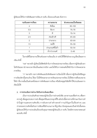 82
ผู้เรียนจะได้รับการตัดสินผลการเรียน 8 ระดับ เป็นระบบตัวเลข ดังตาราง
ระดับผลการเรียน ความหมาย ช่วงคะแนนเป็นร้อยละ
4 ดีเยี่ยม 80-100
3.5 ดีมาก 75-79
3 ดี 70-74
2.5 ค่อนข้างดี 65-69
2 ปานกลาง 60-64
1.5 พอใช้ 55-59
1 ผ่านเกณฑ์ขั้นต่า 50-54
0 ต่ากว่าเกณฑ์ 0-49
ในกรณีที่ไม่สามารถให้ระดับผลการเรียนเป็น 8 ระดับให้ใช้ตัวอักษรระบุเงื่อนไขผลการ
เรียน ดังนี้
“มส” หมายถึง ผู้เรียนไม่มีสิทธิเข้ารับการวัดผลปลายภาคเรียน เนื่องจากผู้เรียนมีเวลา
ไม่ถึงร้อยละ 80 ของเวลาเรียนในแต่ละรายวิชา และไม่ได้รับการผ่อนผันให้เข้ารับการวัดผลปลาย
ภาคเรียน
“ร” หมายถึง รอการตัดสินและยังตัดสินผลการเรียนไม่ได้ เนื่องจากผู้เรียนไม่มีข้อมูล
การเรียนวิชานั้นครบถ้วน ได้แก่ ไม่ได้วัดผลกลางภาคเรียน/ปลายภาคเรียน ไม่ได้ส่งงานที่มอบหมาย
ให้ทา ซึ่งงานนั้นเป็นส่วนหนึ่งของการตัดสินผลการเรียน หรือมีเหตุสุดวิสัยที่ทาให้ประเมินผลการ
เรียนไม่ได้
2. การประเมินการอ่าน คิดวิเคราะห์และเขียน
เป็นการประเมินศักยภาพของผู้เรียนในการอ่านหนังสือ เอกสารและสื่อต่างๆ เพื่อหา
ความรู้ เพิ่มพูนประสบการณ์ เพื่อสุนทรีย์และประยุกต์ใช้ แล้วนาเนื้อหาสาระที่อ่านมาวิเคราะห์
นาไปสู่การแสดงความคิดเห็น การสังเคราะห์ สร้างสรรค์ การแก้ปัญหาในเรื่องต่างๆ และ
ถ่ายทอดความคิดนั้นด้วยการเขียนที่มีสานวนภาษาที่ถูกต้อง มีเหตุผลและเป็นลาดับขั้นตอน
ผู้เรียนจะได้รับการประเมินเป็นระดับคุณภาพของผู้เรียนเป็น 4 ระดับ โดยมีความหมายของแต่
ละระดับ ดังนี้
 