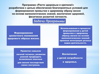 Программа «Расти здоровым и крепким!»
разработана с целью обеспечения благоприятных условий для
формирования привычки к здоровому образу жизни
на основе валеологических знаний, воспитания здоровой,
физически развитой личности.
Задачи Программы
Привитие навыков
личной гигиены, развитие
умений предвидеть
возможные опасные
для жизни последствия
своих поступков.
Воспитание
у детей потребности
в здоровье.
Формирование
целостного понимания
здорового образа жизни.
Использование в процессе
формирования у детей
привычки к здоровому
образу жизни на основе
валеологических знаний
приемов интеграции разных
видов деятельности.
 
