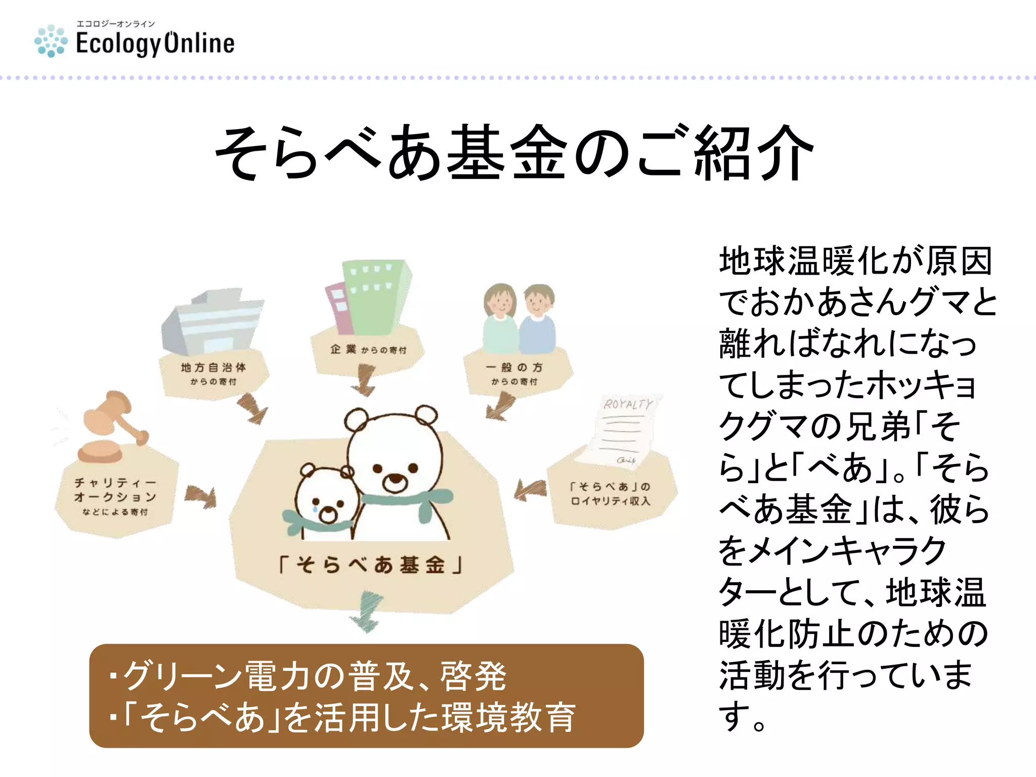 そらべあ基金のご紹介
地球温暖化が原因
でおかあさんグマと
離ればなれになっ
てしまったホッキョ
クグマの兄弟「そ
ら」と「べあ」。「そら
べあ基金」は、彼ら
をメインキャラク
ターとして、地球温
暖化防止のための
活動を行っていま
す。
・グリーン電力の普及、啓発
・「そらべあ」を活用した環境教育
 