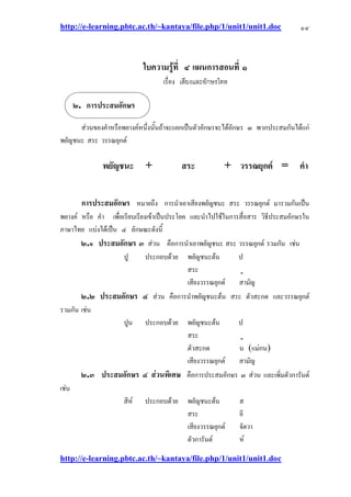 http://e-learning.pbtc.ac.th/~kantaya/file.php/1/unit1/unit1.doc
http://e-learning.pbtc.ac.th/~kantaya/file.php/1/unit1/unit1.doc
๑๔
ใบความรู้ที่ ๔ แผนการสอนที่ ๑
เรื่อง เ ะ ษร ทย
สํวนของคาหรือพยางค๑หนึ่งนั้นถ๎าจะแยกเป็นตัวอักษรจะได๎อักษร ๓ พวกประสมกันได๎แกํ
พยัญชนะ สระ วรรณยุกต๑
พยัญชนะ + สระ + วรรณยุกต์ = คา
การประสมอักษร หมายถึง การนาเอาเสียงพยัญชนะ สระ วรรณยุกต๑ มารวมกันเป็น
พยางค๑ หรือ คา เพื่อเรียบเรียงเข๎าเป็นประโยค และนาไปใช๎ในการสื่อสาร วิธีประสมอักษรใน
ภาษาไทย แบํงได๎เป็น ๔ ลักษณะดังนี้
๒.๑ ประสมอักษร ๓ สํวน คือการนาเอาพยัญชนะ สระ วรรณยุกต๑ รวมกัน เชํน
ปู ประกอบด๎วย พยัญชนะต๎น ป
สระ ู
เสียงวรรณยุกต๑ สามัญ
๒.๒ ประสมอักษร ๔ สํวน คือการนาพยัญชนะต๎น สระ ตัวสะกด และวรรณยุกต๑
รวมกัน เชํน
ปูน ประกอบด๎วย พยัญชนะต๎น ป
สระ ู
ตัวสะกด น (แมํกน)
เสียงวรรณยุกต๑ สามัญ
๒.๓ ประสมอักษร ๔ ส่วนพิเศษ คือการประสมอักษร ๓ สํวน และเพิ่มตัวการันต๑
เชํน
สีห๑ ประกอบด๎วย พยัญชนะต๎น ส
สระ อี
เสียงวรรณยุกต๑ จัตวา
ตัวการันต๑ ห๑
๒. ส
 