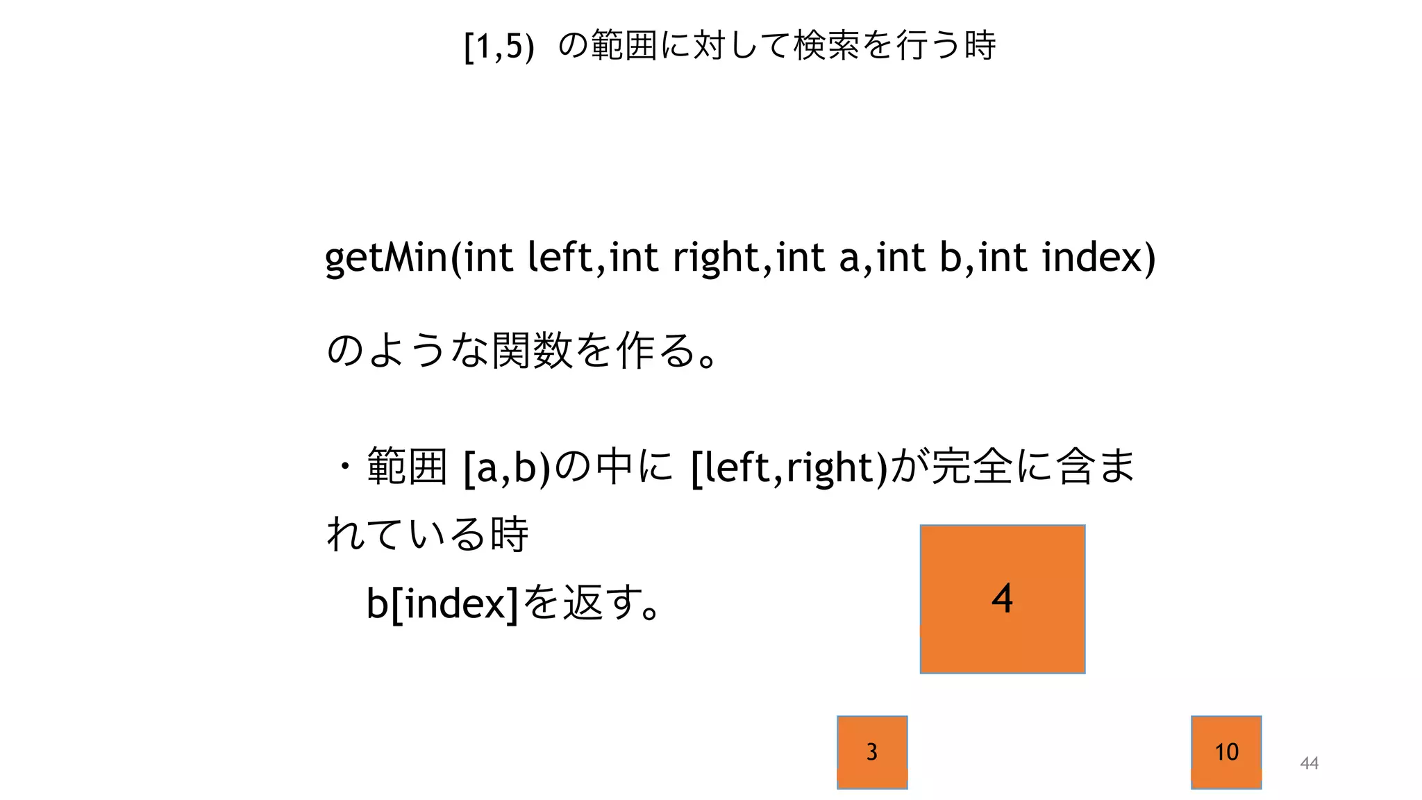 44
[1,5) の範囲に対して検索を行う時
getMin(int left,int right,int a,int b,int index)
"
のような関数を作る。 
・範囲 [a,b)の中に [left,right)が完全に含ま
れている時  
 b[index]を返す。
"
"
4
3 10
 