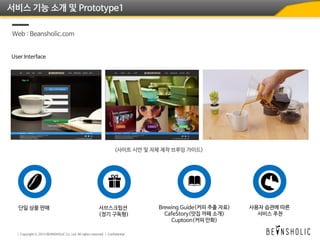 서비스 기능 소개 및 Prototype1
Web : Beansholic.com
User Interface
Brewing Guide(커피 추출 자료)
CafeStory(맛집 까페 소개)
Cuptoon(커피 만화)
단일 상품 판매 서브스크립션
(정기 구독형)
사용자 습관에 따른
서비스 추천
 
