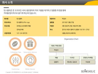 회사 소개
빈스홀릭은 온 오프라인 서비스를 통하여 커피 거품을 제거하고 맞춤형 추천을 통해
커피를 합리적으로 즐기게 하는데 있습니다.
회사명
주요서비스
주요사업
사업자번호
빈스홀릭
빈스홀릭 & Pin-cup
모바일 소프트웨어 개발
전자상거래
121-24-69729
박성수
2013년 12월 27일
4명 (정규직 2명, 비정규직 2명)
경기도 부천시 원미구 신흥로 150 701-2702
(중동,위브더스테이트)
대표이사
설립일
직원수
주소
Customizng Mobile Service
Coffeebean Sale Subscription Service
 