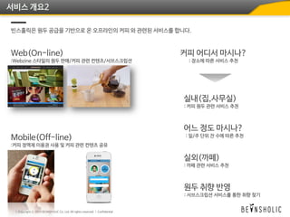 서비스 개요2
빈스홀릭은 원두 공급을 기반으로 온 오프라인의 커피 와 관련된 서비스를 합니다.
 