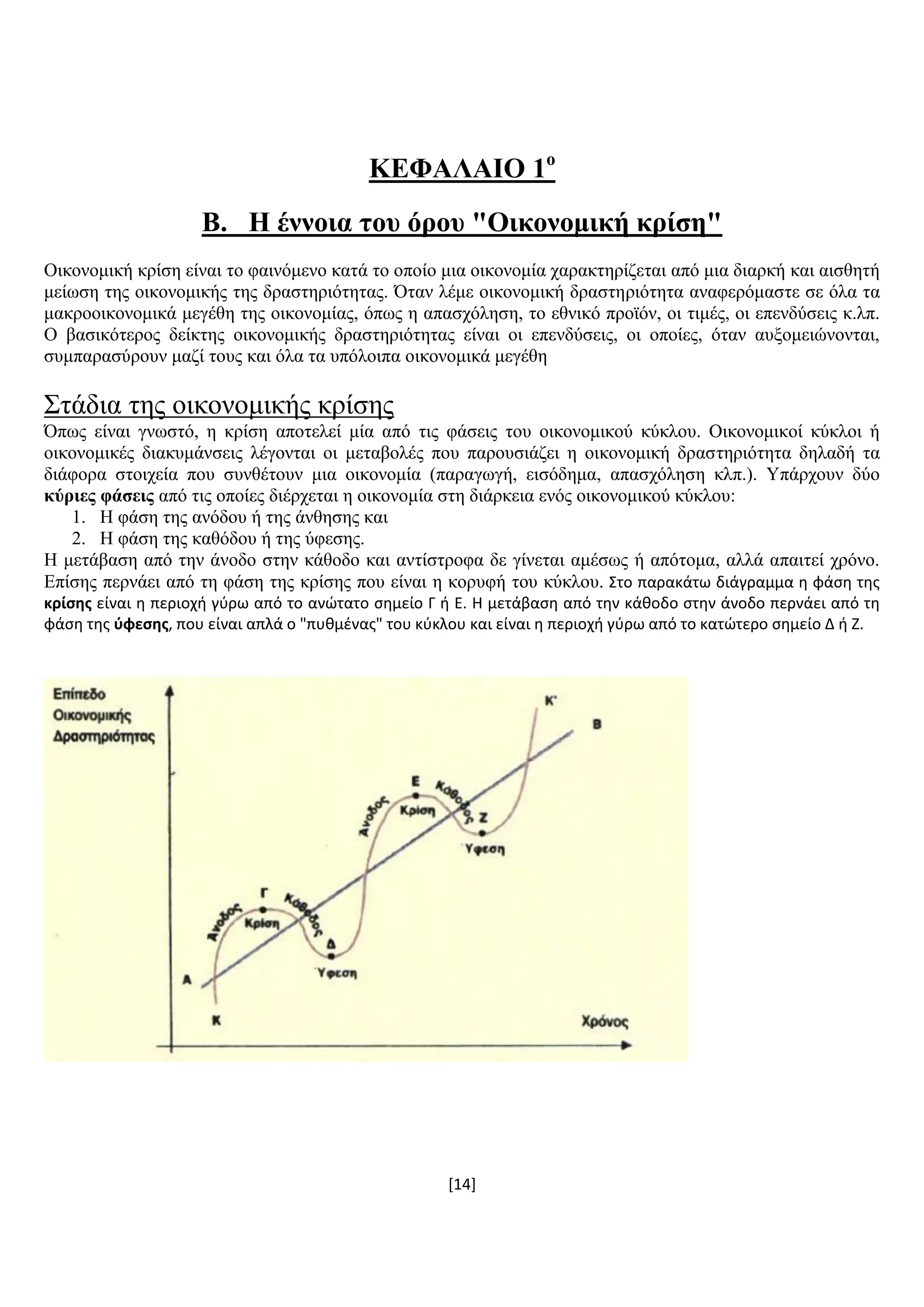 [14]
ΚΔΦΑΛΑΗΟ 1ν
Β. Ζ έλλνηα ηνπ όξνπ "Οηθνλνκηθή θξίζε"
Οηθνλνκηθή θξίζε είλαη ην θαηλφκελν θαηά ην νπνίν κηα νηθνλνκία ραξαθηεξίδεηαη απφ κηα δηαξθή θαη αηζζεηή
κείσζε ηεο νηθνλνκηθήο ηεο δξαζηεξηφηεηαο. Όηαλ ιέκε νηθνλνκηθή δξαζηεξηφηεηα αλαθεξφκαζηε ζε φια ηα
καθξννηθνλνκηθά κεγέζε ηεο νηθνλνκίαο, φπσο ε απαζρφιεζε, ην εζληθφ πξντφλ, νη ηηκέο, νη επελδχζεηο θ.ιπ.
Ο βαζηθφηεξνο δείθηεο νηθνλνκηθήο δξαζηεξηφηεηαο είλαη νη επελδχζεηο, νη νπνίεο, φηαλ απμνκεηψλνληαη,
ζπκπαξαζχξνπλ καδί ηνπο θαη φια ηα ππφινηπα νηθνλνκηθά κεγέζε
΢ηάδηα ηεο νηθνλνκηθήο θξίζεο
Όπσο είλαη γλσζηφ, ε θξίζε απνηειεί κία απφ ηηο θάζεηο ηνπ νηθνλνκηθνχ θχθινπ. Οηθνλνκηθνί θχθινη ή
νηθνλνκηθέο δηαθπκάλζεηο ιέγνληαη νη κεηαβνιέο πνπ παξνπζηάδεη ε νηθνλνκηθή δξαζηεξηφηεηα δειαδή ηα
δηάθνξα ζηνηρεία πνπ ζπλζέηνπλ κηα νηθνλνκία (παξαγσγή, εηζφδεκα, απαζρφιεζε θιπ.). Τπάξρνπλ δχν
θύξηεο θάζεηο απφ ηηο νπνίεο δηέξρεηαη ε νηθνλνκία ζηε δηάξθεηα ελφο νηθνλνκηθνχ θχθινπ:
1. Ζ θάζε ηεο αλφδνπ ή ηεο άλζεζεο θαη
2. Ζ θάζε ηεο θαζφδνπ ή ηεο χθεζεο.
Ζ κεηάβαζε απφ ηελ άλνδν ζηελ θάζνδν θαη αληίζηξνθα δε γίλεηαη ακέζσο ή απφηνκα, αιιά απαηηεί ρξφλν.
Δπίζεο πεξλάεη απφ ηε θάζε ηεο θξίζεο πνπ είλαη ε θνξπθή ηνπ θχθινπ. ΢το παρακάτω διάγραμμα θ φάςθ τθσ
κρίσης είναι θ περιοχι γφρω από το ανώτατο ςθμείο Γ ι Ε. Θ μετάβαςθ από τθν κάκοδο ςτθν άνοδο περνάει από τθ
φάςθ τθσ ύφεσης, που είναι απλά ο "πυκμζνασ" του κφκλου και είναι θ περιοχι γφρω από το κατώτερο ςθμείο Δ ι Η.
 
