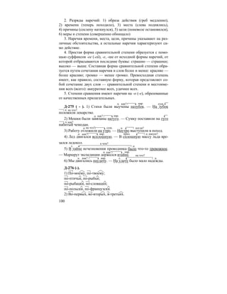 100
2. Разряды наречий: 1) образа действия (греб медленно),
2) времени (теперь походило), 3) места (слева поднялись),
4) причины (сослепу наткнулся), 5) цели (поневоле остановился),
6) меры и степени (совершенно обнищало)
3. Наречия времени, места, цели, причины указывают на раз-
личные обстоятельства, а остальные наречия характеризуют са-
мо действие.
4. Простая форма сравнительной степени образуется с помо-
щью суффиксов -ее (-ей), -е, -ше от исходной формы наречий, от
которой отбрасываются последние буквы: страшно — страшнее;
высоко — выше. Составная форма сравнительной степени обра-
зуется путем сочетания наречия и слов более и менее: красиво —
более красиво; громко — менее громко. Превосходная степень
имеет, как правило, составную форму, которая представляет со-
бой сочетание двух слов — сравнительной степени и местоиме-
ния всех (всего): аккуратнее всех, удачнее всех.
5. Степени сравнения имеют наречия на -о (-е), образованные
от качественных прилагательных.
Д-275 ( - ). 1) Стихи были выучены назубок. — На зубок
положили лекарство.
2) Мешки были завязаны натуго. — Сумку поставили на туго
набитый чемодан.
3) Работу отложили на утро. — Наутро выступили в поход.
4) Лед двигался всплошную. — В сплошную массу льда вре-
зался ледокол.
5) В тайне исчезновения проводника было что-то тревожное.
— Маршрут экспедиции держался втайне.
6) Мы двигались наудачу. — На удачу было мало надежды.
Д-276 (-).
1) По-моему, по-твоему;
по-птичьи, по-рыбьи;
по-рыбацки, по-словацки;
по-польски, по-французски.
2) Во-первых, во-вторых, в-третьих.
как? нар. сущ.
на что?
нар.как?
как?
сущ.на что? когда?
нар.как? прил. какую?
с.
в чем?
нар.как?
нар.как? с.
на что?
 