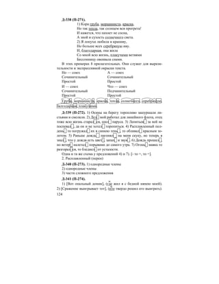 124
Д-338 (П-271).
1) Кора груба, морщиниста, красна,
Но так тепла, так солнцем вся прогрета!
И кажется, что пахнет не сосна,
А зной и сухость солнечного света.
2) Я лопухи любила и крапиву,
Но больше всех серебряную иву.
И, благодарная, она жила
Со мной всю жизнь, плакучими ветвями
Бессонницу овеивала снами.
В этих примерах 8 прилагательных. Они служат для вырази-
тельности и экспрессивной окраски текста.
Но — союз А — союз
Сочинительный Сочинительный
Простой Простой
И — союз Что — союз
Сочинительный Подчинительный
Простой Простой
Груба, морщиниста, красна, тепла, солнечного, серебряную,
балгодарная, плакучими.
Д-339 (П-272). 1) Осины на берегу торопливо зашуршали ли-
стьями и смолкли. 2) Дед мой работал для линейного флота, отец
тоже всю жизнь старал ся, шил паруса. 3) Леонтьев за ней не
поспевал , да он и не хотел торопиться. 4) Расплавленный пол-
день то погружал их в синюю тень , то обливал красным зо-
лотом. 5) Раньше дождь нагонял на меня скуку, но теперь я
знал , что у дождя есть цвет , запах и звук . 6) Дождь прошел ,
но ветер налетал порывами до самого утра. 7) Огонь маяка то
разгорал ся, то бледнел от усталости.
Одна и та же схема у предложений 4) и 7). [- то =, то =].
2. Расплавленный (перен)
Д-340 (П-273). 1) однородные члены
2) однородные члены
3) части сложного предложения
Д-341 (П-274).
1) [Вот опальный домик], (где жил я с бедной нянею моей).
2) [Сражение выигрывает тот], (кто твердо решил его выиграть).
м.
м.
 