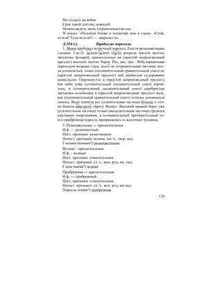 129
Но солдату на войне
Срок такой для сна, пожалуй,
Можно видеть лишь (ограничение) во сне.
Я сказал: «Подойди ближе и посмотри мне в глаза». «Стой,
нельзя! Туда нельзя!» — закричал он.
Д-354 (-). Прибытие парохода.
1. Мимо пробежал встречный пароход, блестя разноцветными
глазами. Где-то далеко´-далеко´ (даль) впереди мигали желтые
звездочки фонарей, прицепленных на (простой непроизводный
предлог) высоких мачтах барок. Раз, две, три... Взбудораженная
пароходом водяная гладь долго не (отрицательная частица) мог-
ла успокоиться, точно (подчинительный сравнительный союз) по
(простой непроизводный предлог) ней пробегали судорожные
конвульсии. Опрокинутое в (простой непроизводный предлог)
нее небо тоже (сочинительный соединительный союз) корчи-
лось, и (сочинительный соединительный союз) серебристые
звездочки колебались в (простой непроизводный предлог) воде,
как (подчинительный сравнительный союз) огоньки качавшихся
лампад. Вода темнела все (усилительная частица) больше и точ-
но бежала навстречу «Брату Якову». Высокий правый берег уже
(усилительная частица) только (выделительная частица) грезился
смутными очертаниями, а (сочинительный противительный со-
юз) прибрежная поросль превращалась в сказочных чудовищ.
5. Разноцветными — прилагательное
Н.ф. — разноцветный.
Пост. признаки: качественное.
Непост. признаки: полное, мн. ч., твор. пад.
Глазами (какими?) разноцветными.
Водная – прилагательное
Н.ф. – водный
Пост. признаки: относительное
Непост. признаки: ед. ч., жен. род, им. пад.
Гладь (какая?) водная
Прибрежная — прилагательное
Н.ф. — прибрежный.
Пост. признаки: относительное.
Непост. признаки: ед. ч., жен. род, им пад.
Поросль (какая?) прибрежная.
 