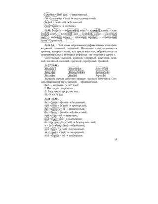 15
Простой + оват (ый) → простоватый.
По + следовать + тель → последовательный.
Белый + оват (ый) → беловатый.
Лист + падать → листопад.
П-30. Берёста — берестяной, вода — водяной, глина — гли-
няный, жесть — жестяной , лёд — ледяной , масло — масляный,
овёс — овсяный, просо — просяной, серебро — серебряный,
трава — травяной.
Д-36 (-). 1. Эти слова образованы суффиксальным способом:
ветряный, кожаный, нефтяной. Написание слов подчиняется
правилу, которое гласит, что прилагательные, образованные от
существительных с помощью суффикса –ян- пишутся с одной н.
Полотняный, льняной, водяной, глиняный, жестяной, ледя-
ной, масляный, овсяный, просяной, серебряный, травяной.
Д- 37(П-31).
Заходил Завертится Зашумело
Зашумит Зашевелилось Заговорило
Застучит Запело Зардели
Значение начала действия придает глаголам приставка. Спо-
соб образования этих глаголов — приставочный.
Всё — местоим., (ч т о ? ) всё;
I. Мест.-сущ., определит.;
II. В ед. числе, ср. р., им. пад.;
III. (Ч т о ? ) Всё.
Д-38 (П-32).
Без + душа + н (ый) → бездушный;
при + море + ск (ий) → приморский;
раз + мечтать + ся → размечтаться;
без + билет + н (ый) → безбилетный;
при + гора + ок → пригорок;
под + снег + ник → подснежник;
без + результат + н (ый) → безрезультатный;
о + без + боль + ить → обезболить;
под + нога + н (ый) →подножный;
за + город + н (ый) → загородный;
под + борода + ок → подбородок.
 